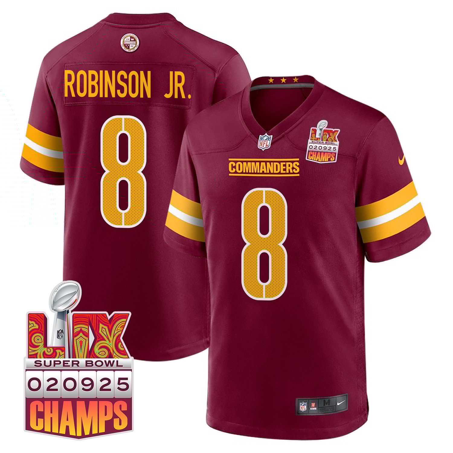 Brian Robinson Jr. 8 Washington Commanders Super Bowl LIX Champions Patch Game Burgundy NFL Jersey Men's