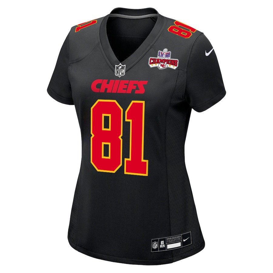 Blake Bell 81 Kansas City Chiefs Super Bowl LVIII Champions 4 Stars Patch Fashion Game Carbon Black NFL Jersey Women's