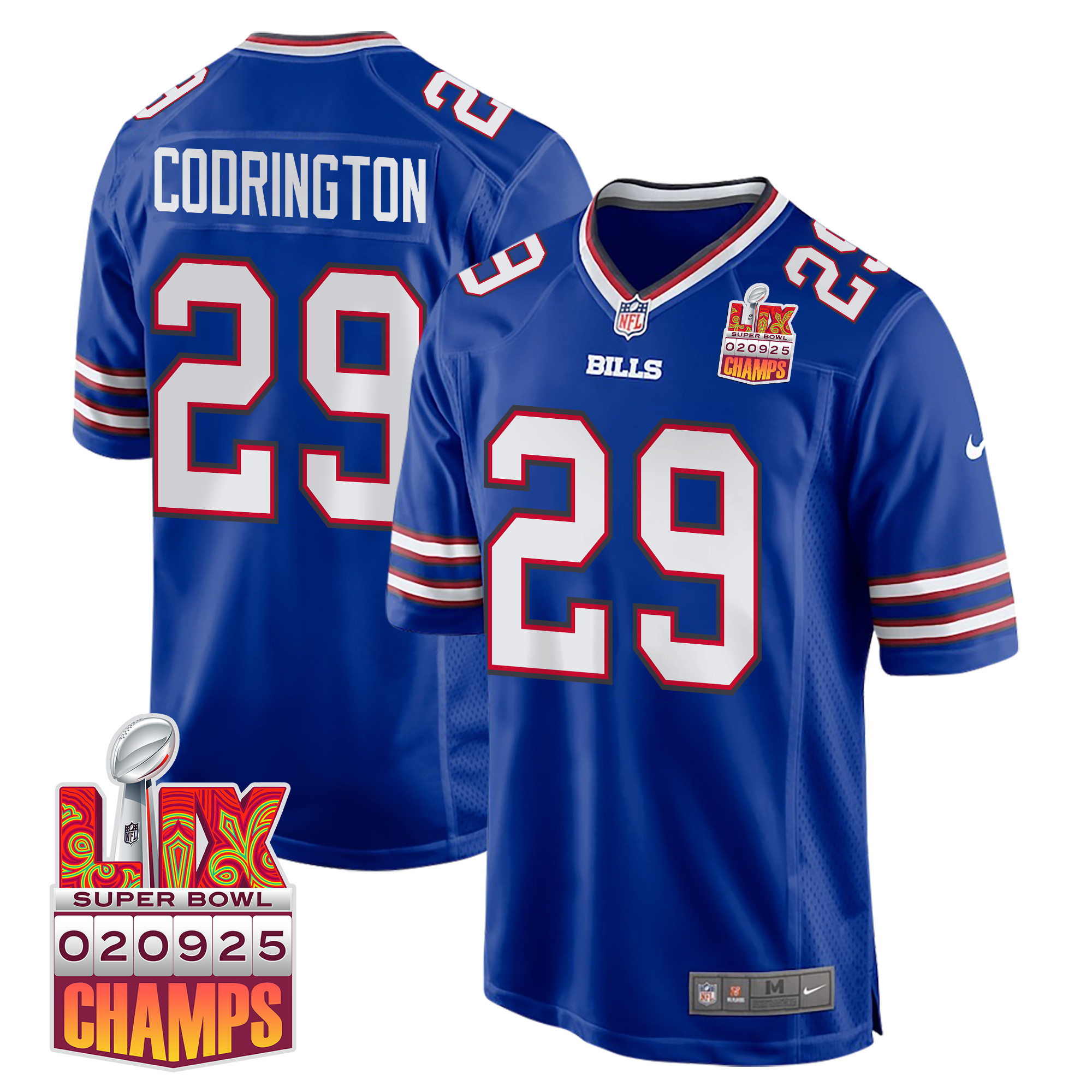 Brandon Codrington 29 Buffalo Bills Super Bowl LIX Champions Patch Game Royal NFL Jersey Men's