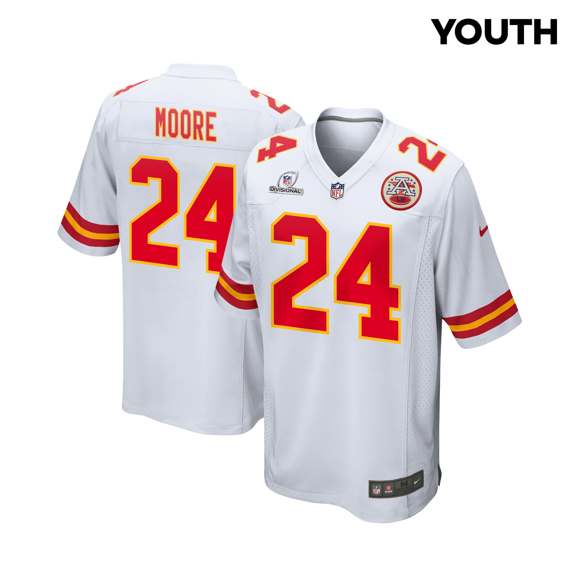 Skyy Moore 24 Kansas City Chiefs Super Bowl LVIII Patch Game White NFL Jersey Youth