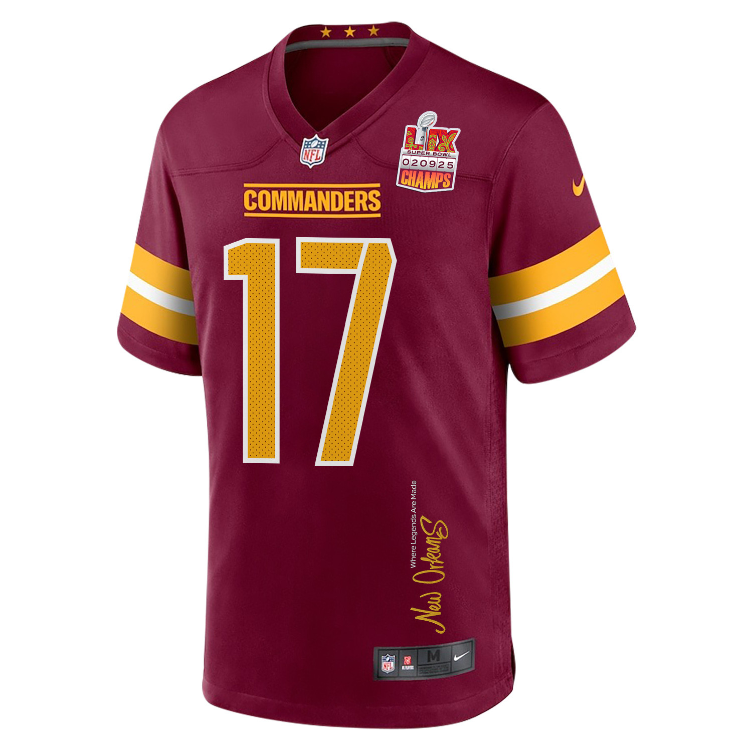 Terry McLaurin 17 Washington Commanders Super Bowl LIX Champions Patch New Orleans Where Legends Are Made' EMBROIDERED Game Burgundy NFL Jersey Men's