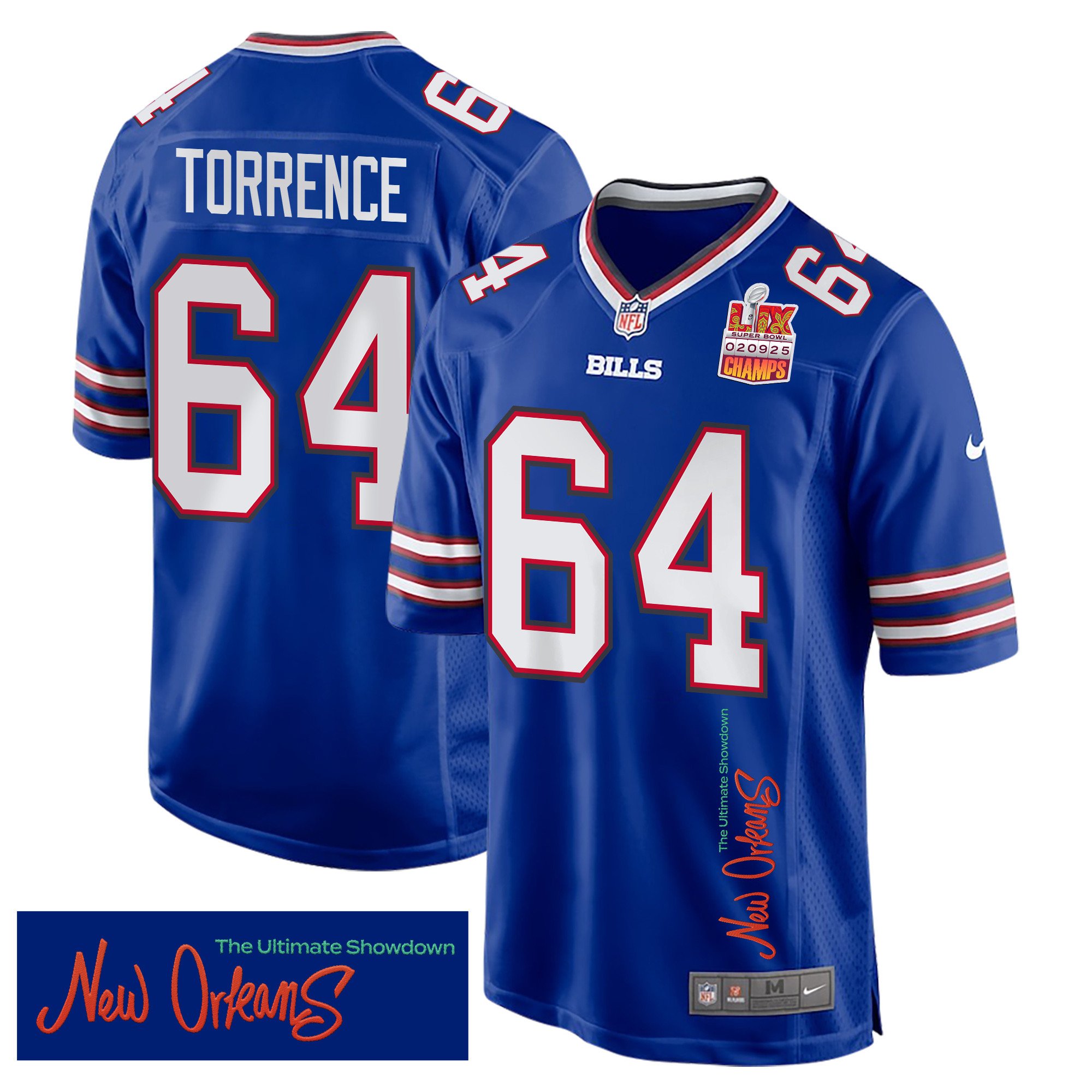 O'Cyrus Torrence 64 Buffalo Bills Super Bowl LIX Champions Patch New Orleans The Ultimate Showdown' EMBROIDERED Game Royal NFL Jersey Men's