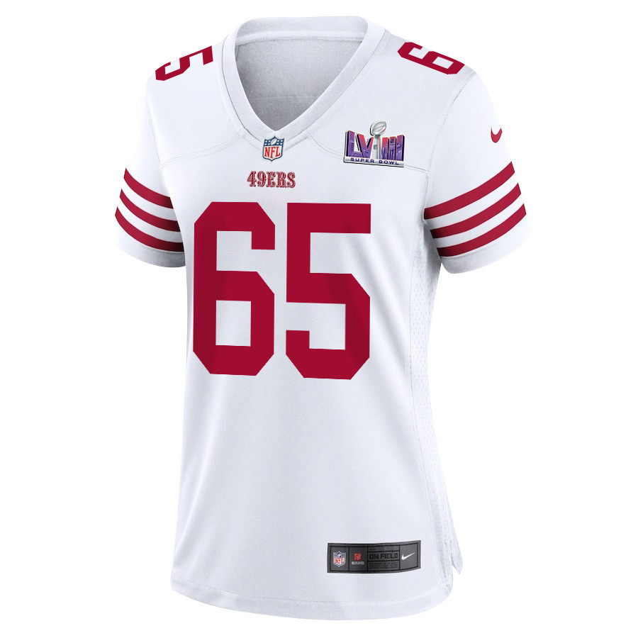 Aaron Banks 65 San Francisco 49ers Super Bowl LVIII Patch Game White NFL Jersey Women's