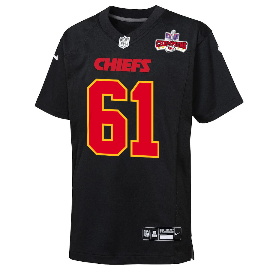 Austin Reiter 61 Kansas City Chiefs Super Bowl LVIII Champions 4 Stars Patch Fashion Game Carbon Black NFL Jersey Youth