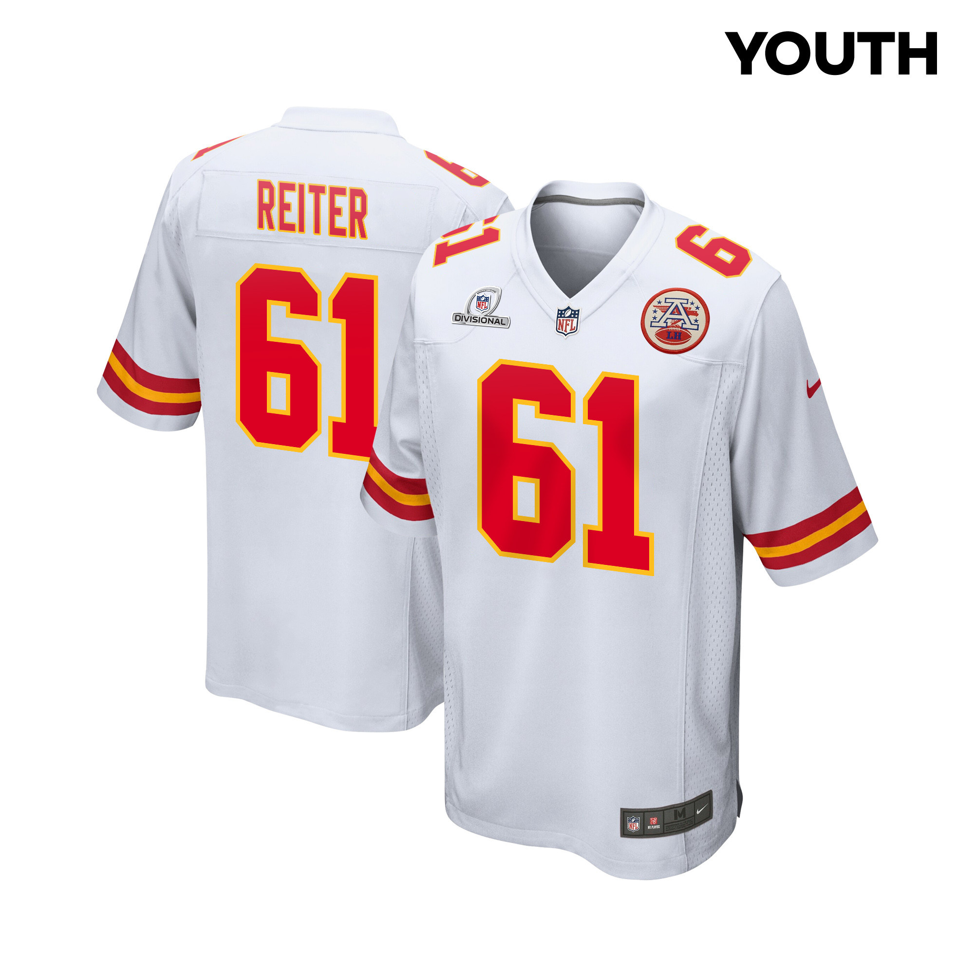 Austin Reiter 61 Kansas City Chiefs Super Bowl LVIII Patch Game White NFL Jersey Youth