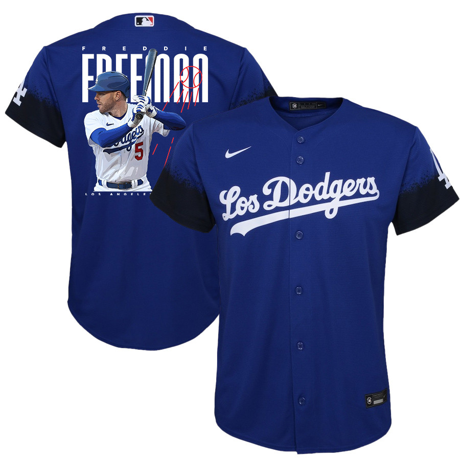 Freddie Freeman 5 Los Angeles Dodgers Signed Logo 2023 City Connect Player Royal MLB Jersey Youth