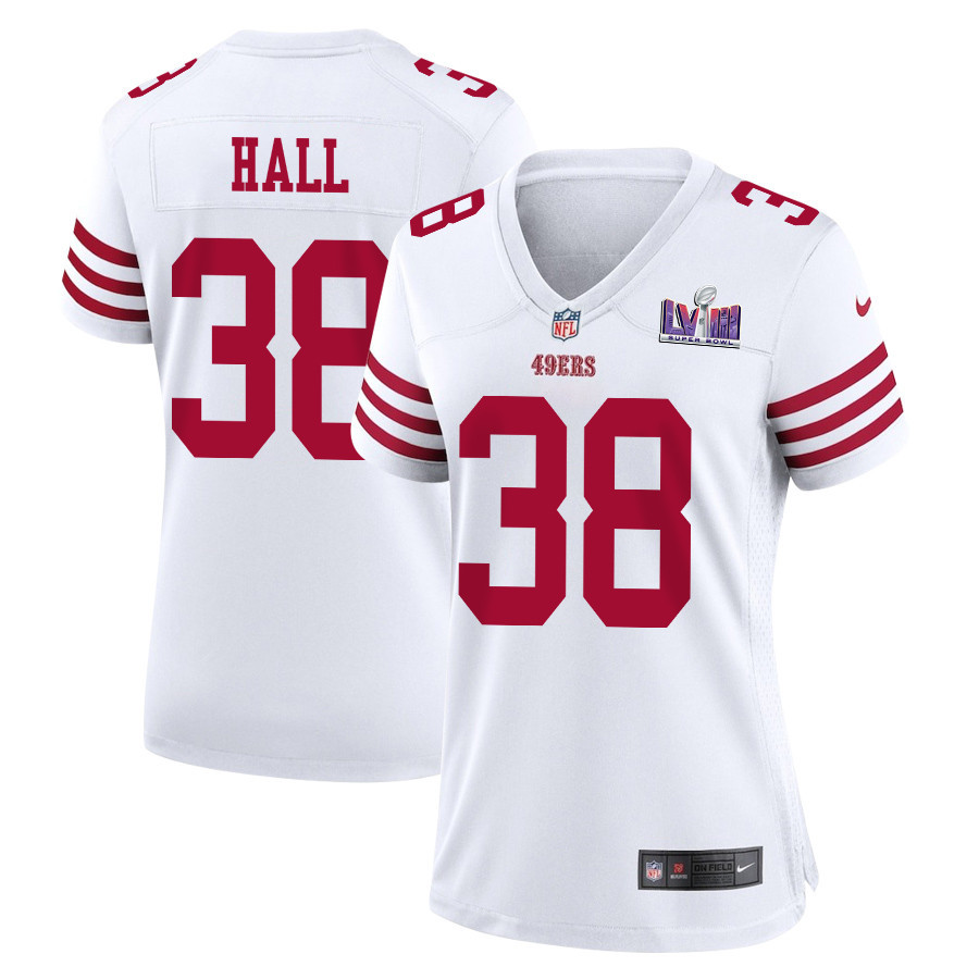 Kemon Hall 38 San Francisco 49ers Super Bowl LVIII Patch Game White NFL Jersey Women's