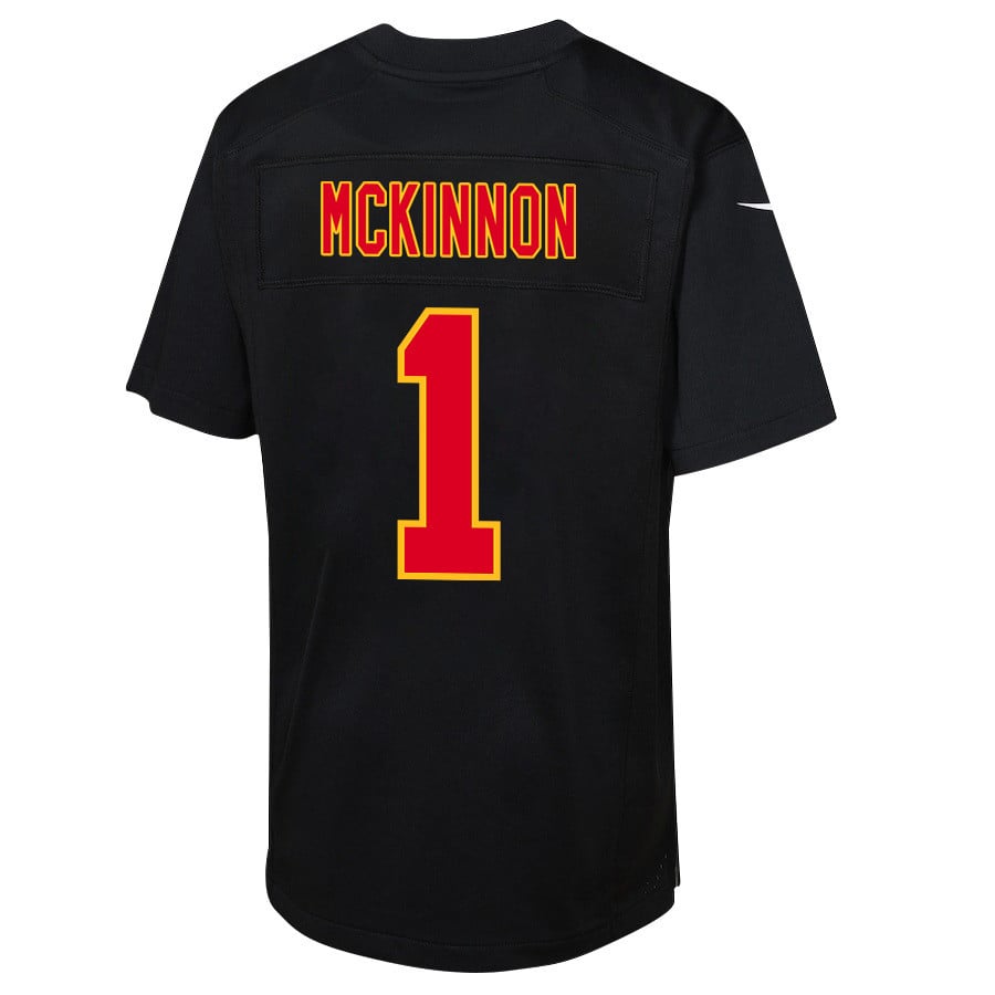 Jerick McKinnon 1 Kansas City Chiefs Super Bowl LVIII Champions 4 Stars Patch Fashion Game Carbon Black NFL Jersey Youth