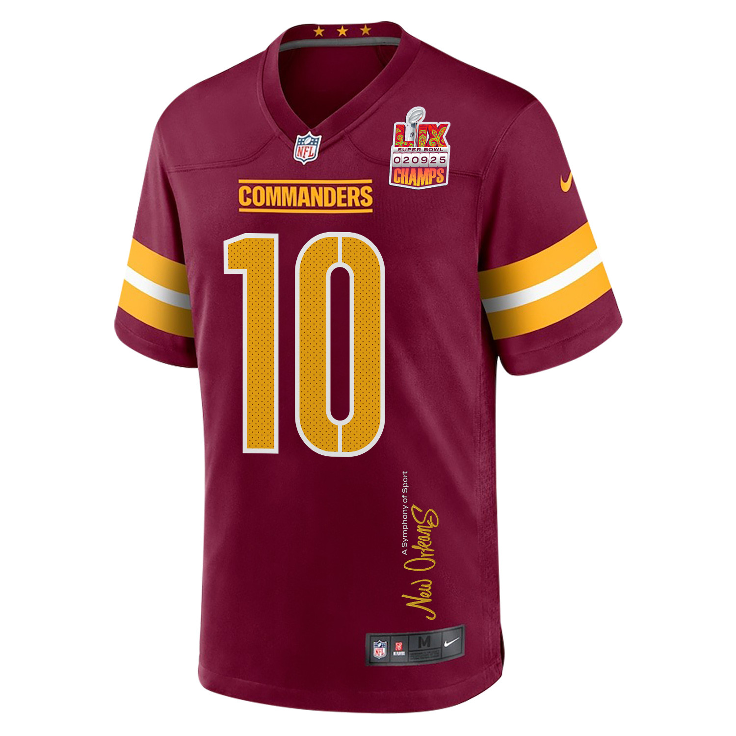 Tress Way 10 Washington Commanders Super Bowl LIX Champions Patch New Orleans A Symphony of Sport' EMBROIDERED Game Burgundy NFL Jersey Men's