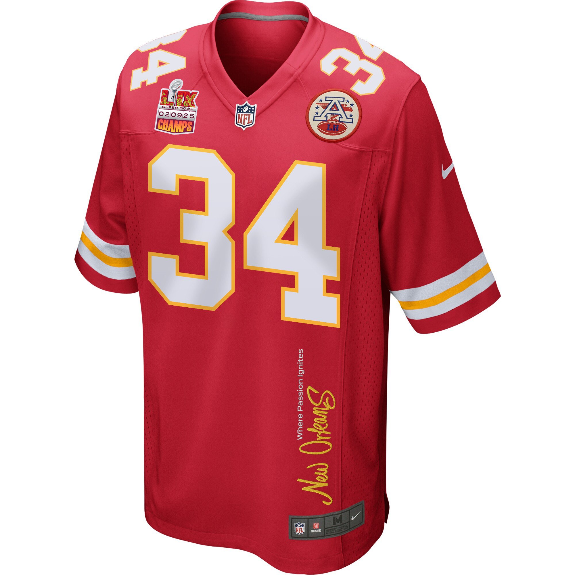 Samaje Perine 34 Kansas City Chiefs Super Bowl LIX Champions Patch New Orleans Where Passion Ignites' EMBROIDERED Game Red NFL Jersey Men's