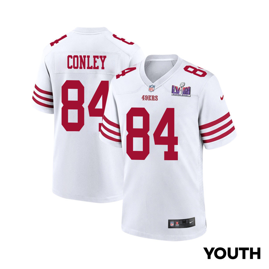 Chris Conley 84 San Francisco 49ers Super Bowl LVIII Patch Game White NFL Jersey Youth