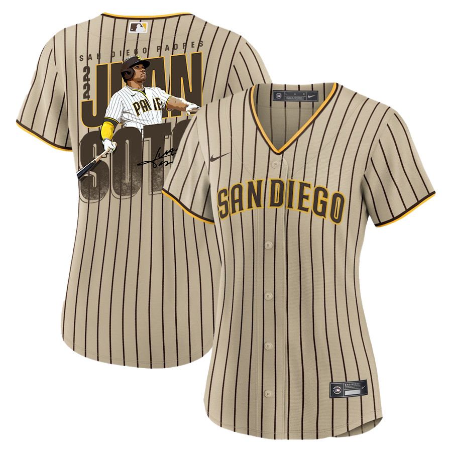 Juan Soto 22 San Diego Padres Signed Posture 2023 Alternate Player Tan MLB Jersey Women's
