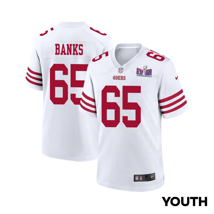 Aaron Banks 65 San Francisco 49ers Super Bowl LVIII Patch Game White NFL Jersey Youth