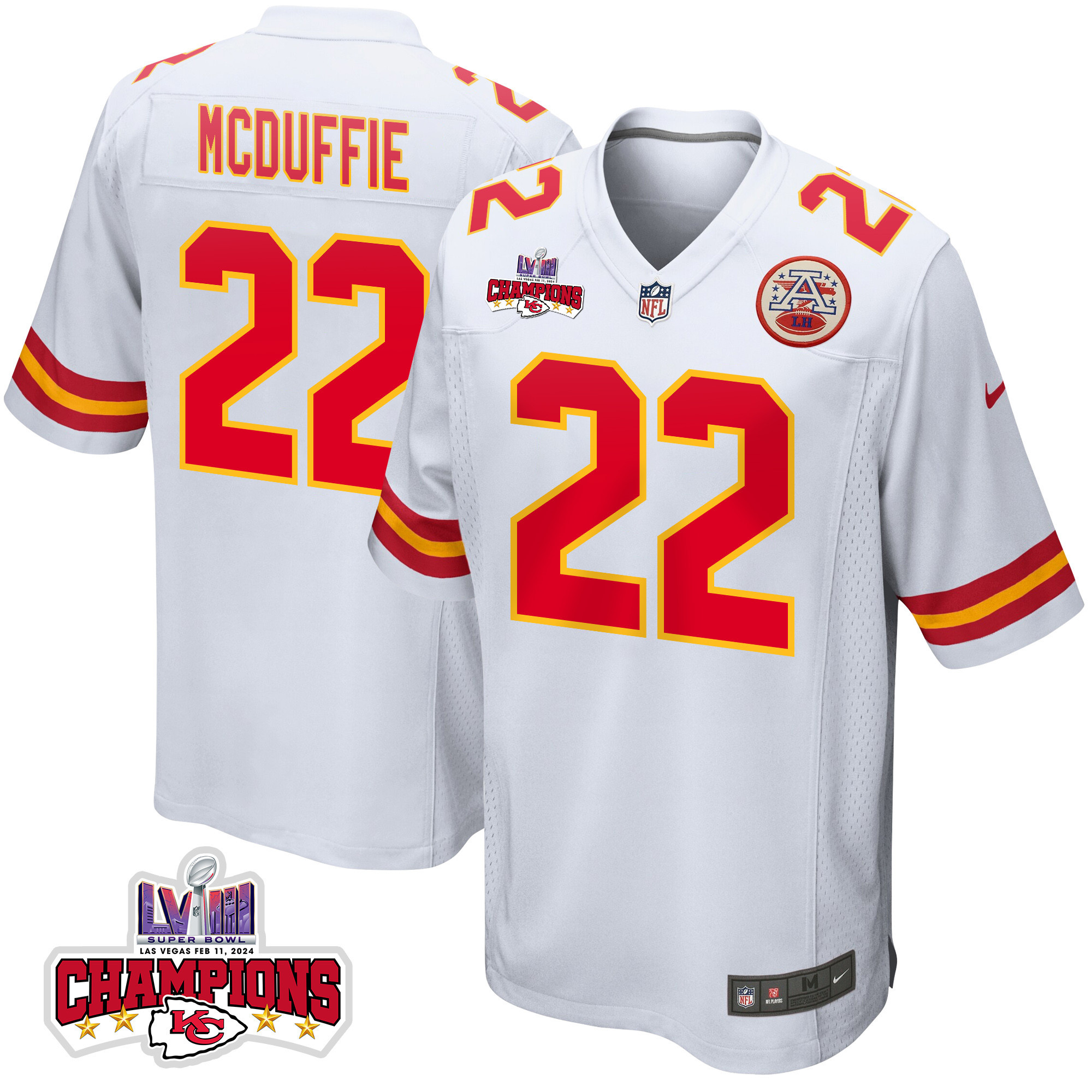 Trent McDuffie 22 Kansas City Chiefs Super Bowl LVIII Champions 4 Stars Patch Game White NFL Jersey Men's