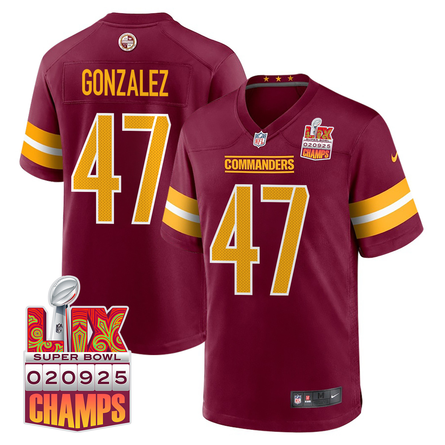 Zane Gonzalez 47 Washington Commanders Super Bowl LIX Champions Patch Game Burgundy NFL Jersey Men's