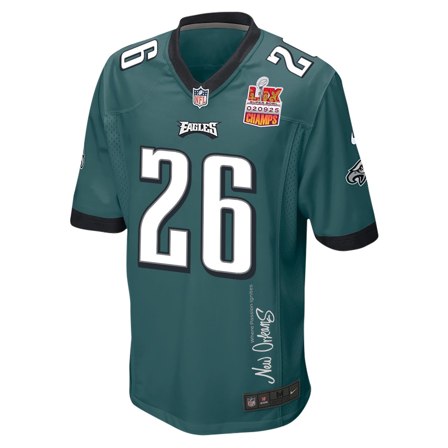 Saquon Barkley 26 Philadelphia Eagles Super Bowl LIX Champions Patch New Orleans Where Passion Ignites' EMBROIDERED Game Midnight Green NFL Jersey Men's