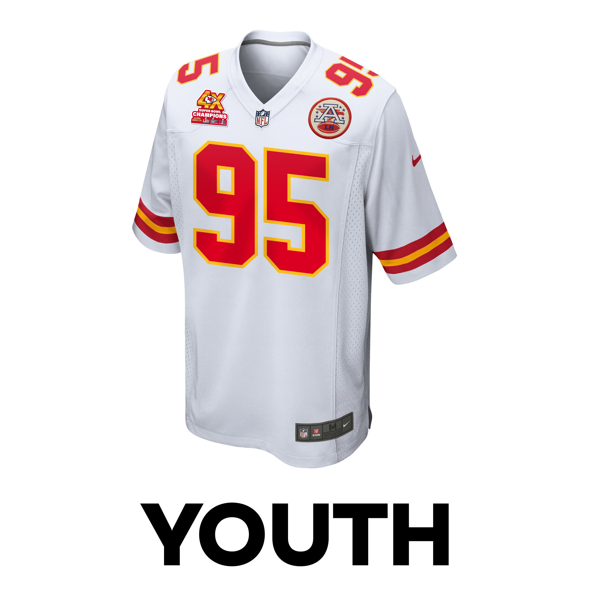 Chris Jones 95 Kansas City Chiefs Super Bowl LVIII Champions 4X Game White NFL Jersey Youth