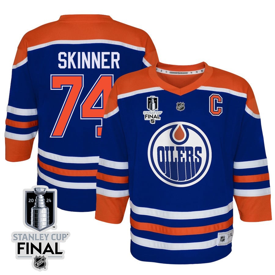 Stuart Skinner 74 Edmonton Oilers 2024 STANLEY CUP Final Home Royal NHL Jersey Youth