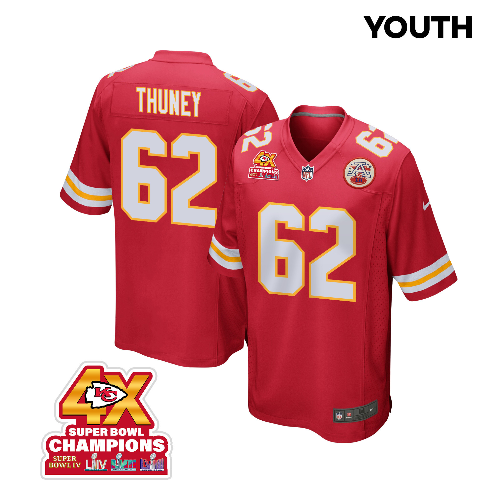 Joe Thuney 62 Kansas City Chiefs Super Bowl LVIII Champions 4X Game Red NFL Jersey Youth