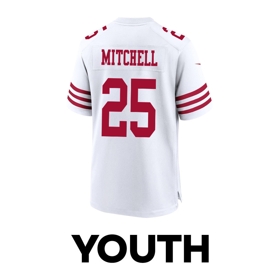 Elijah Mitchell 25 San Francisco 49ers Super Bowl LVIII Patch Game White NFL Jersey Youth