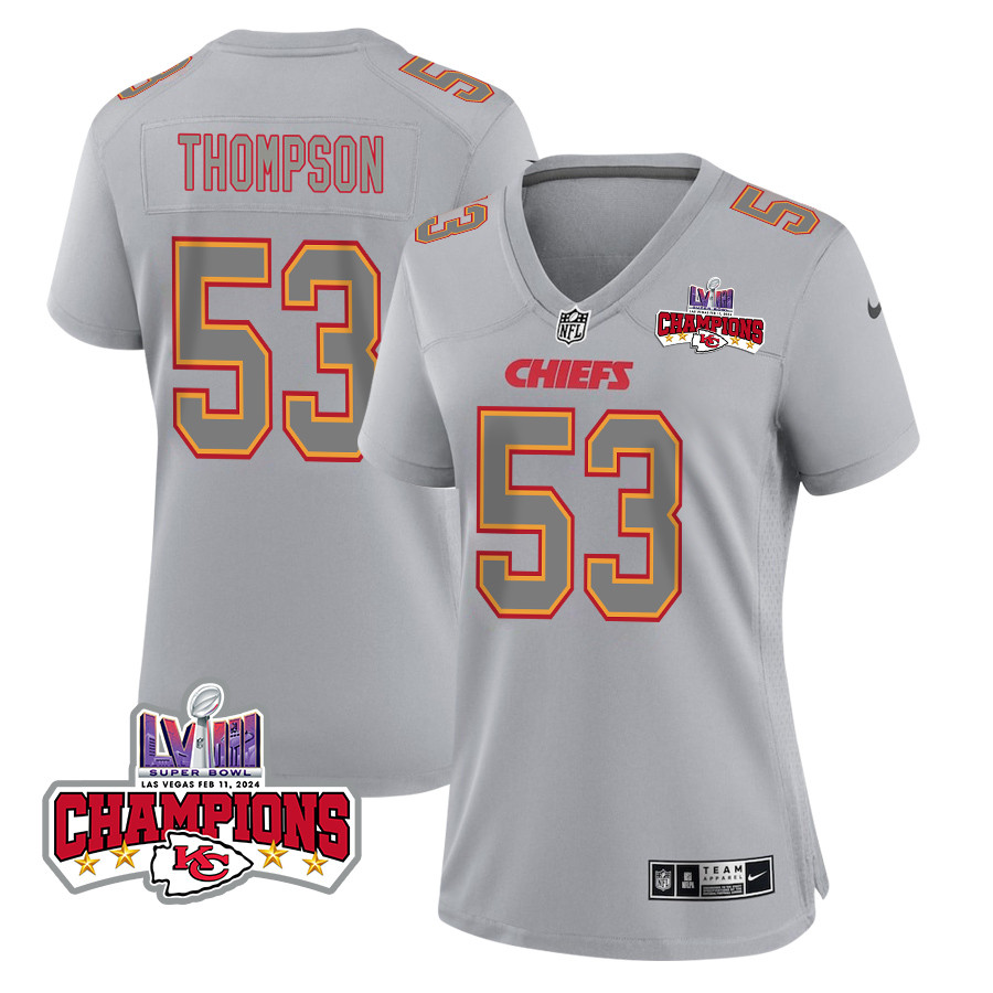 BJ Thompson 53 Kansas City Chiefs Super Bowl LVIII Champions 4 Stars Patch Atmosphere Fashion Game Gray NFL Jersey Women's
