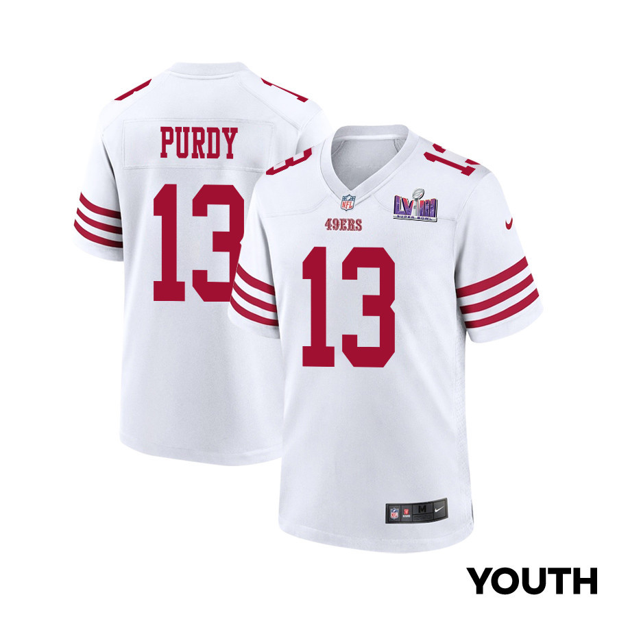 Brock Purdy 13 San Francisco 49ers Super Bowl LVIII Patch Game White NFL Jersey Youth