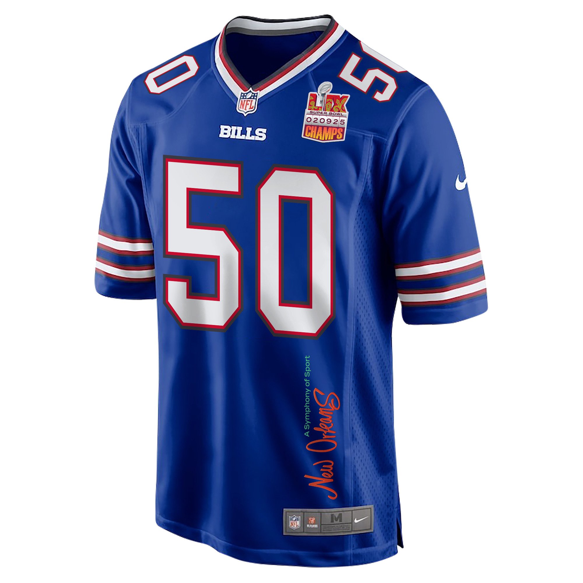 Greg Rousseau 50 Buffalo Bills Super Bowl LIX Champions Patch New Orleans A Symphony of Sport' EMBROIDERED Game Royal NFL Jersey Men's