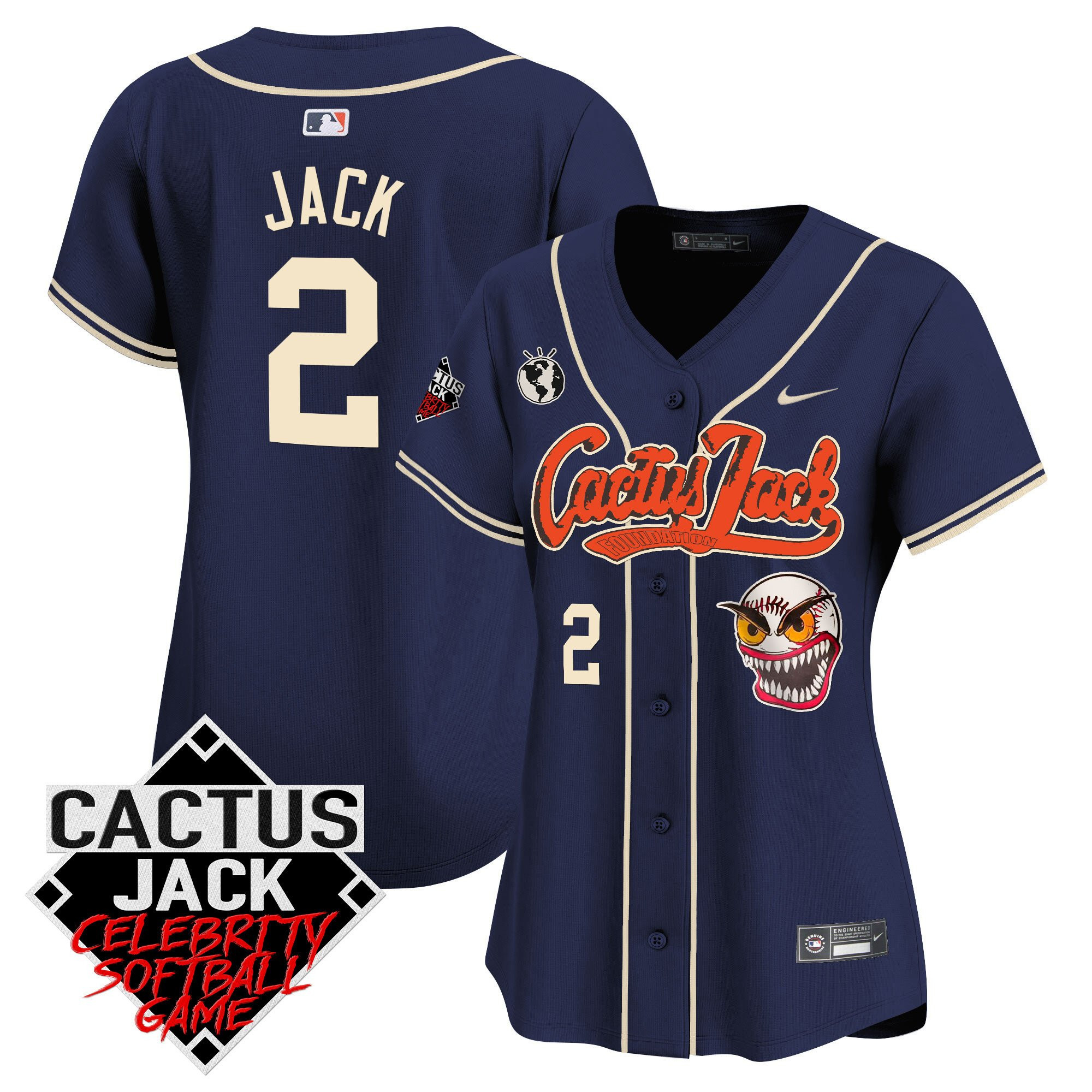 Jack 2 Houston Astros Cactus Jack Celebrity Softball Game Patch Navy MLB Jersey Women's