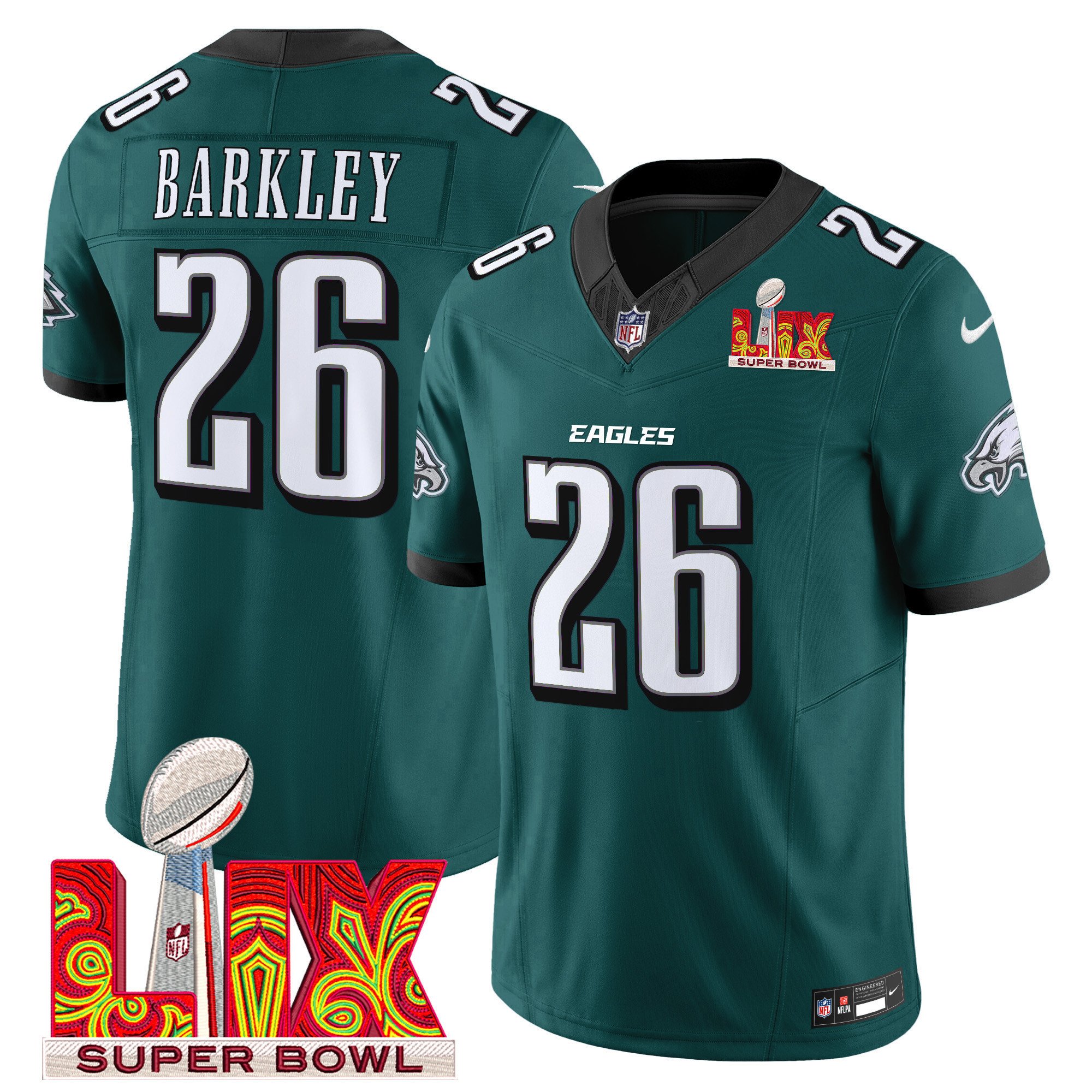 Saquon Barkley 26 Philadelphia Eagles Super Bowl Champions LIX Patch Vapor Limited Midnight Green NFL Jersey Men's