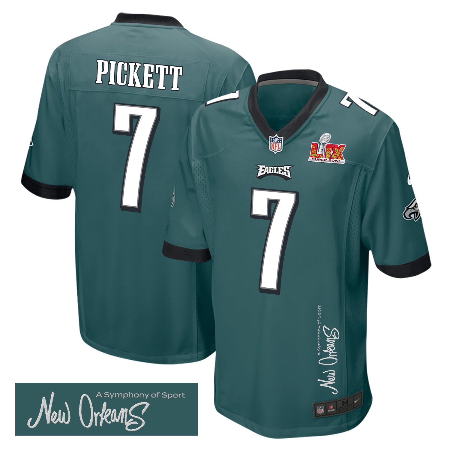 Kenny Pickett 7 Philadelphia Eagles Super Bowl LIX New Orleans A Symphony of Sport' EMBROIDERED Game Midnight Green NFL Jersey Men's