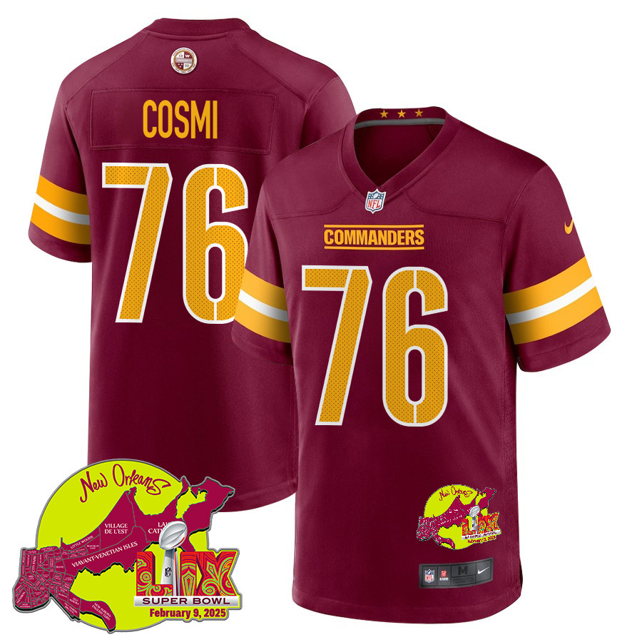 Sam Cosmi 76 Washington Commanders Super Bowl LIX New Orleans Patch Game Burgundy NFL Jersey Men's