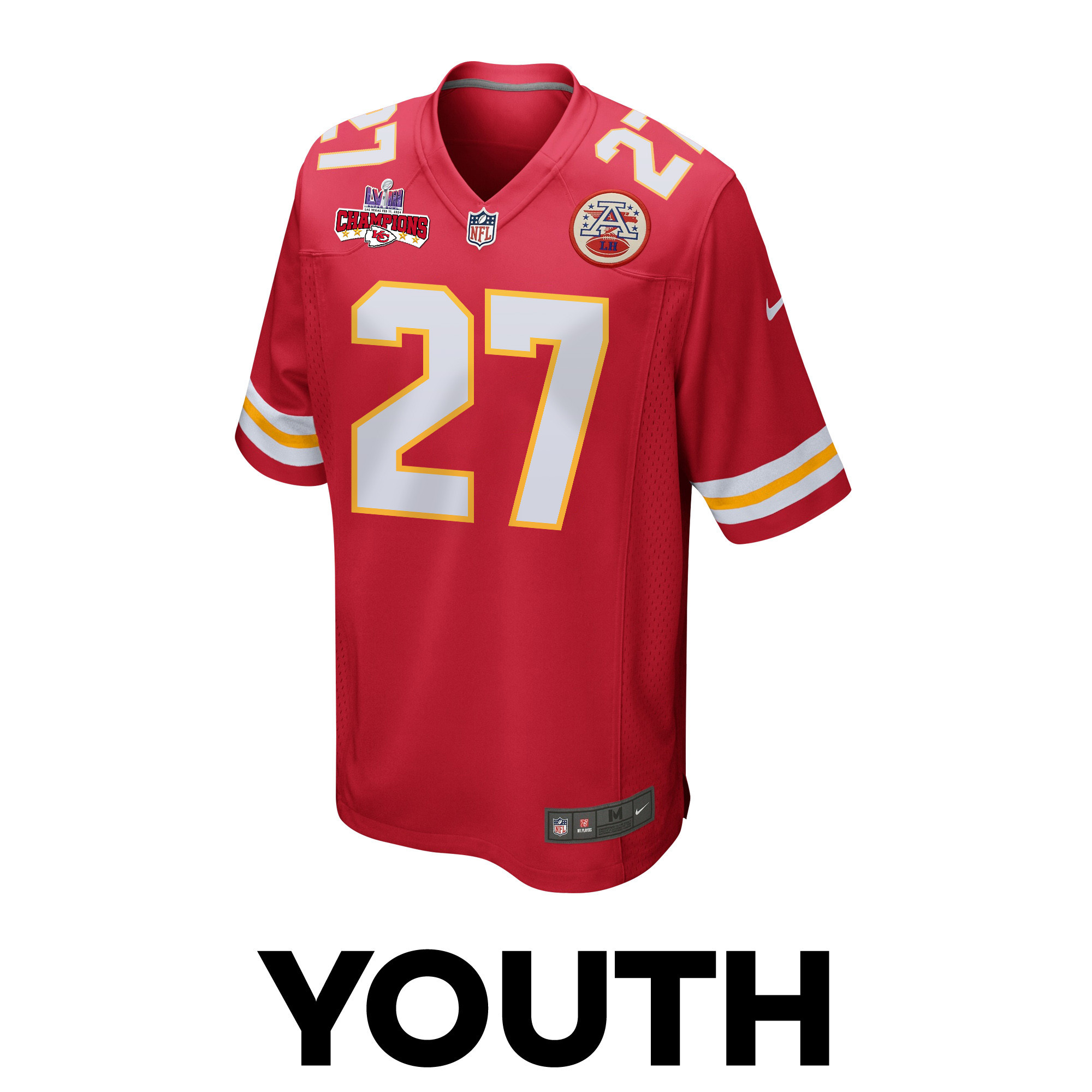 Chamarri Conner 27 Kansas City Chiefs Super Bowl LVIII Champions 4 Stars Patch Game Red NFL Jersey Youth