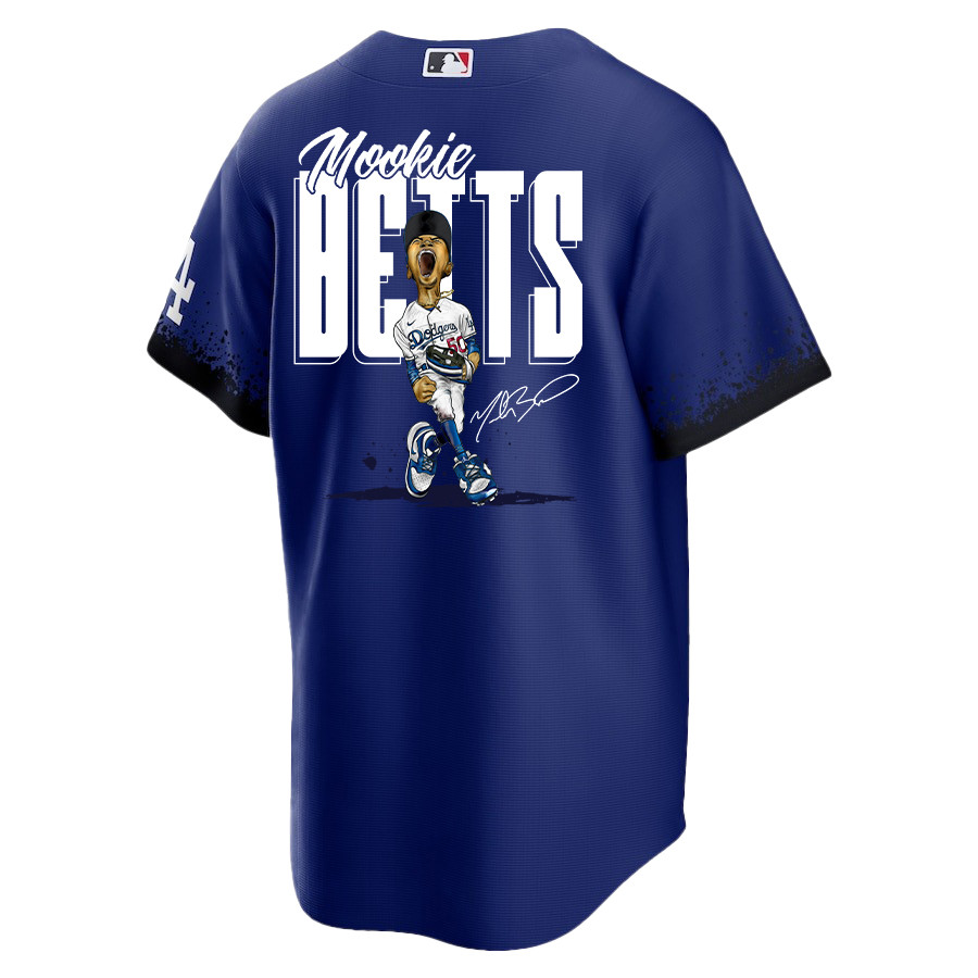 Mookie Betts 50 Los Angeles Dodgers Signed Cartoon 2023 City Connect Player Royal MLB Jersey Men's