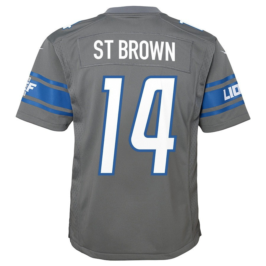 Amon-Ra St. Brown 14 Detroit Lions Sun God Game Silver NFL Jersey Youth