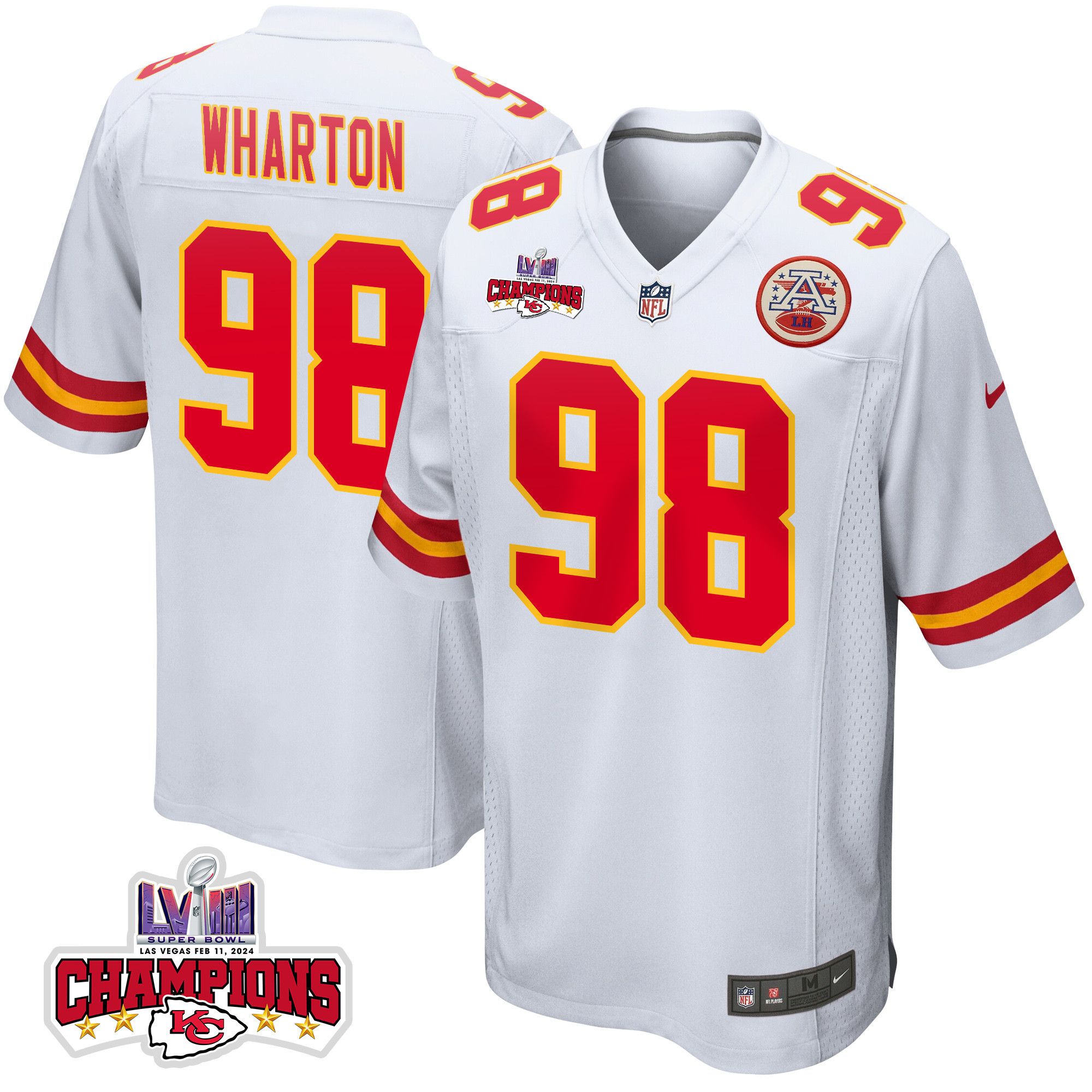 Tershawn Wharton 98 Kansas City Chiefs Super Bowl LVIII Champions 4 Stars Patch Game White NFL Jersey Men's