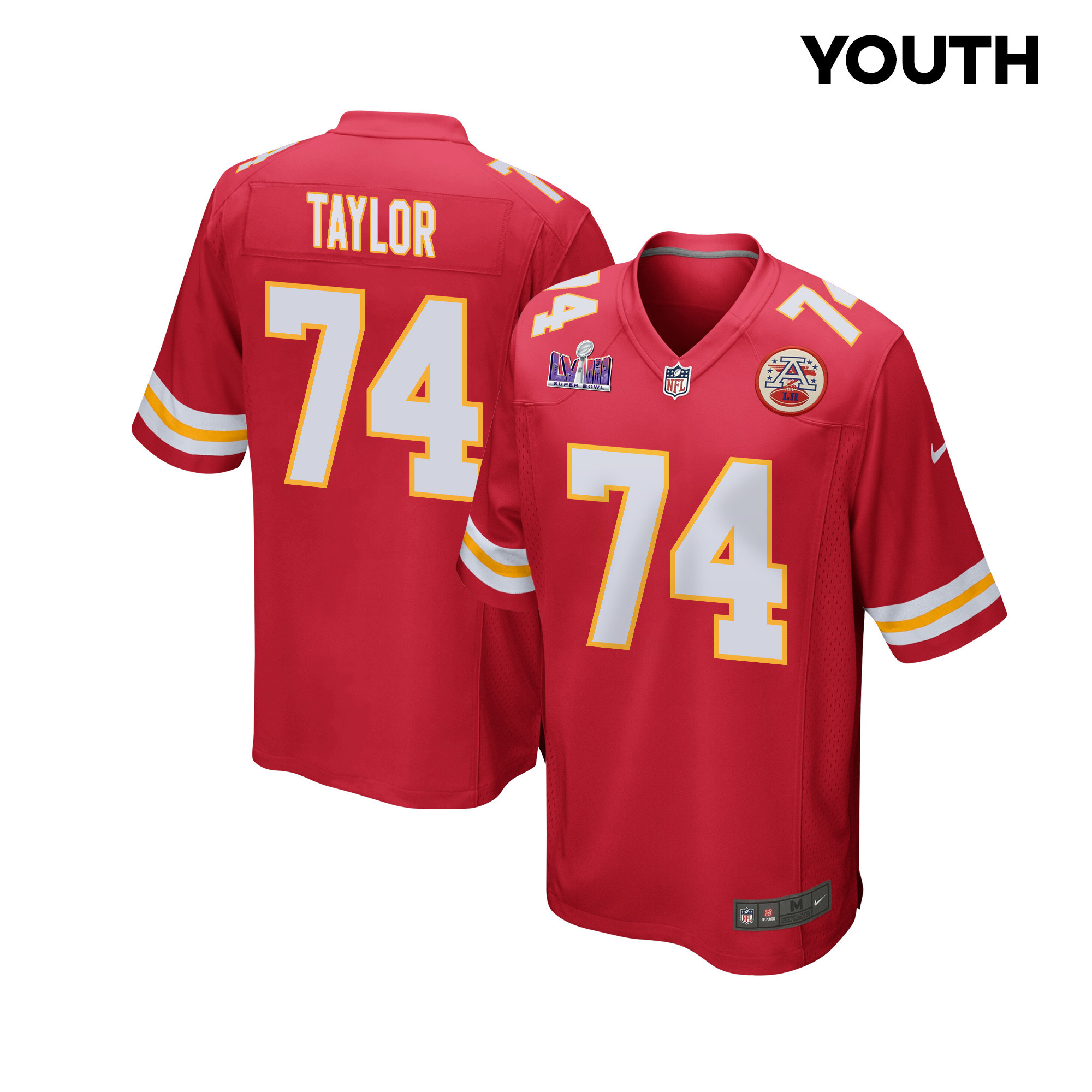 Jawaan Taylor 74 Kansas City Chiefs Super Bowl LVIII Patch Game Red NFL Jersey Youth
