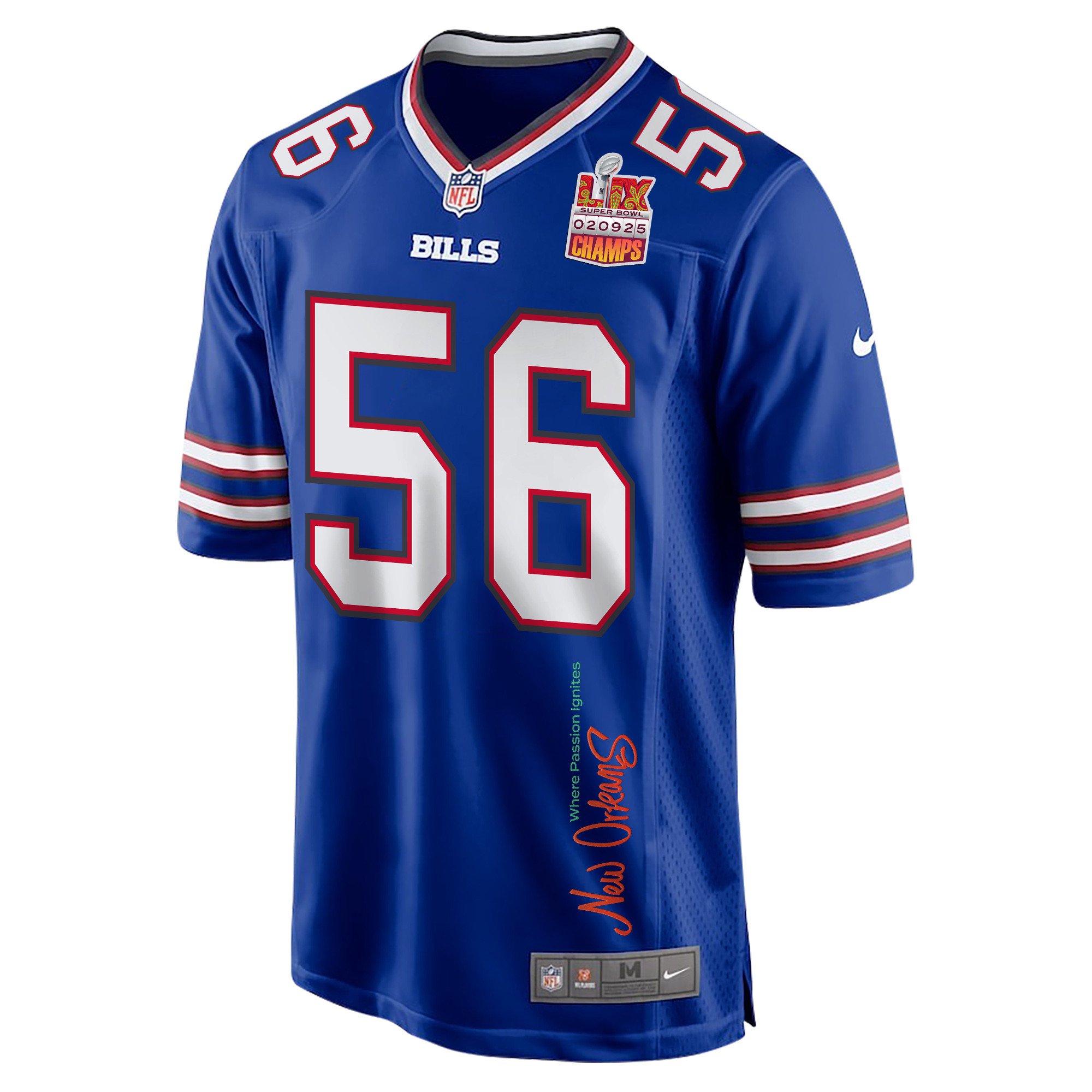 Javon Solomon 56 Buffalo Bills Super Bowl LIX Champions Patch New Orleans Where Passion Ignites' EMBROIDERED Game Royal NFL Jersey Men's
