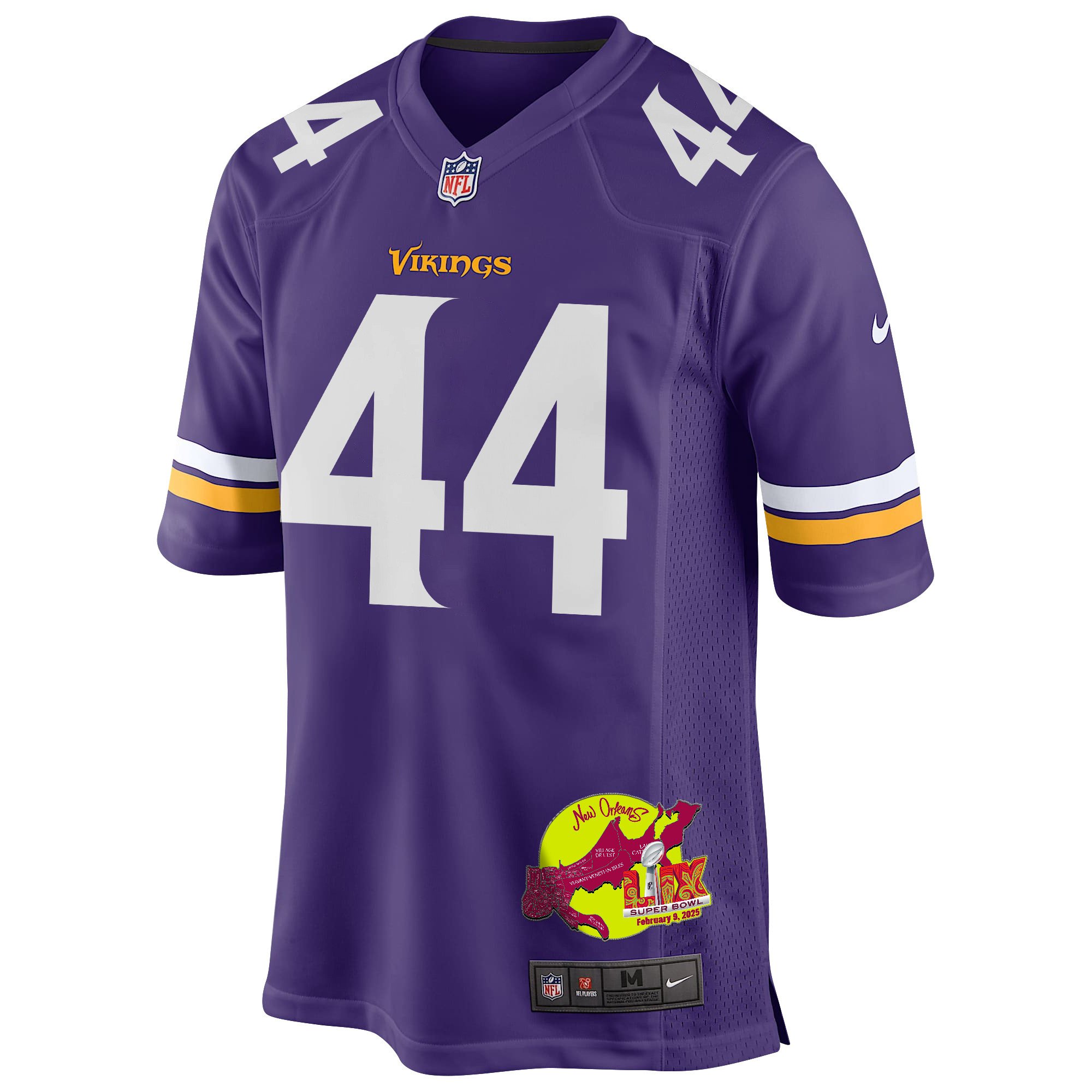 Joshua Metellus 44 Minnesota Vikings Super Bowl LIX New Orleans Patch Game Purple NFL Jersey Men's