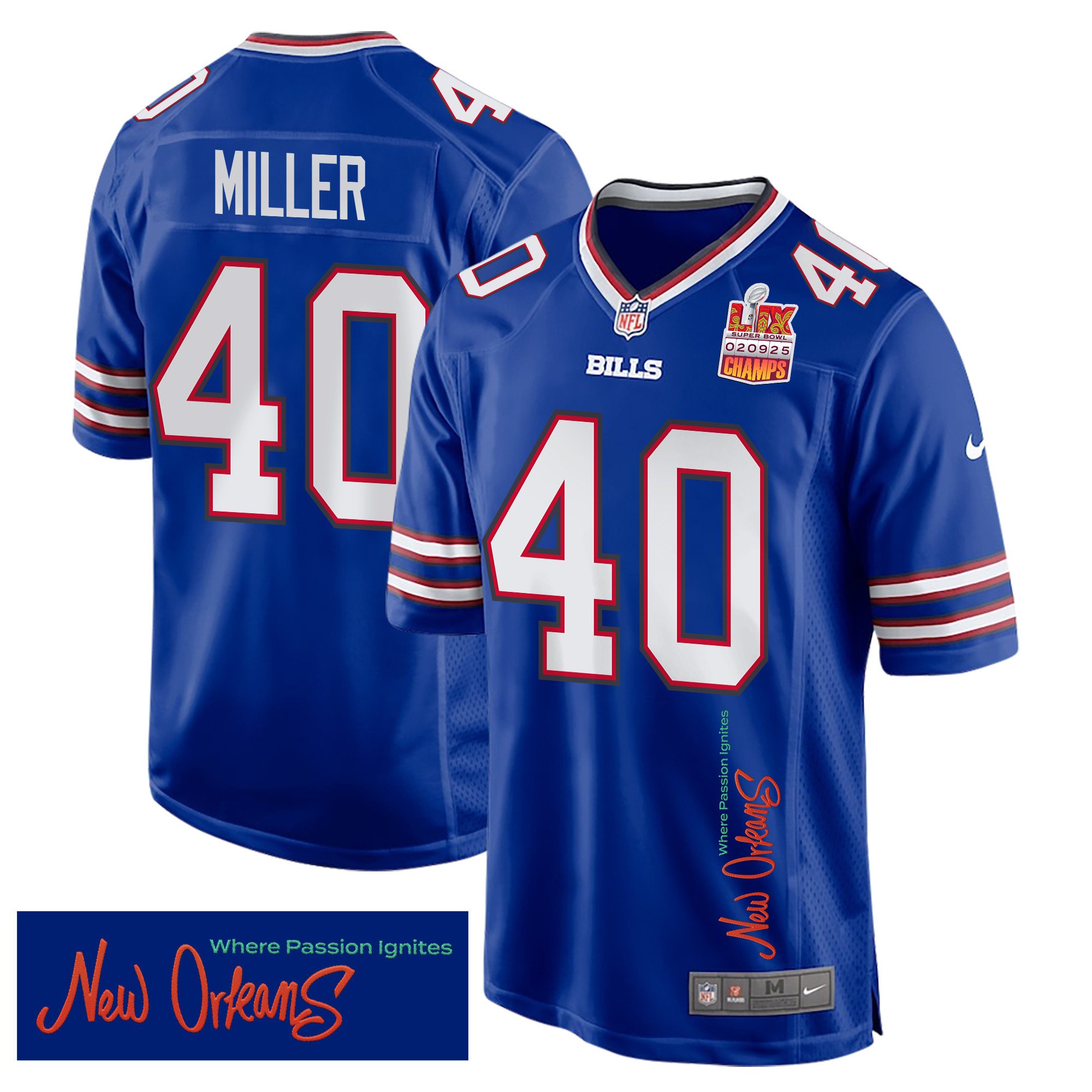 Von Miller 40 Buffalo Bills Super Bowl LIX Champions Patch New Orleans Where Passion Ignites' EMBROIDERED Game Royal NFL Jersey Men's