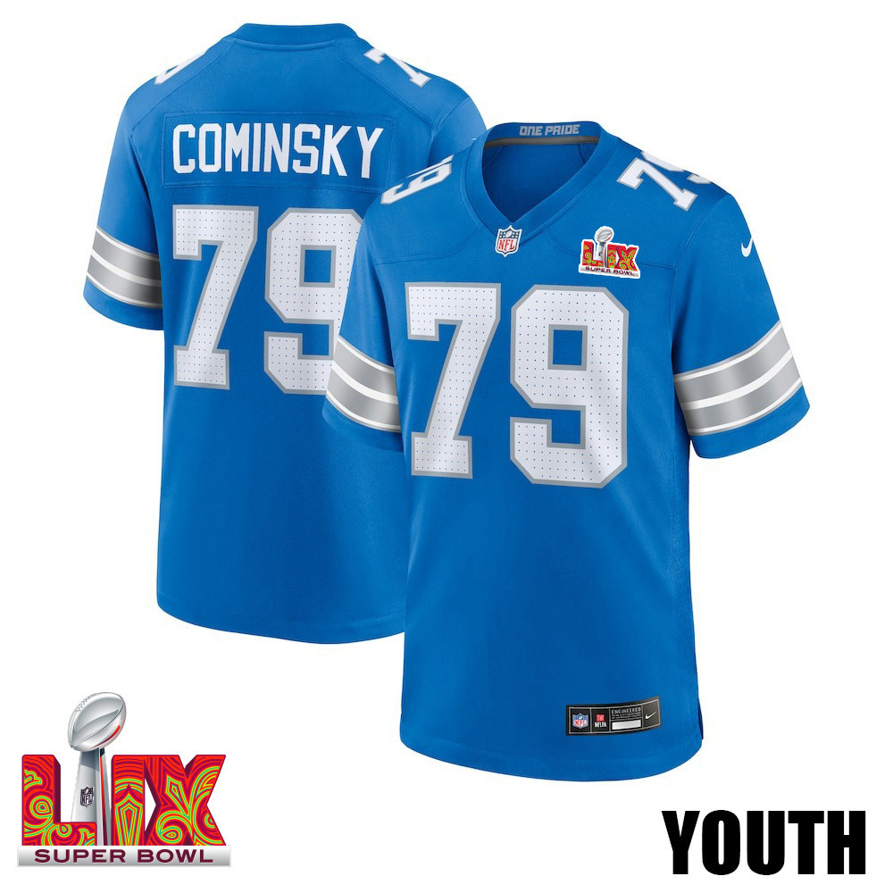 John Cominsky #79 Detroit Lions Super Bowl LIX Blue NFL Jersey Youth