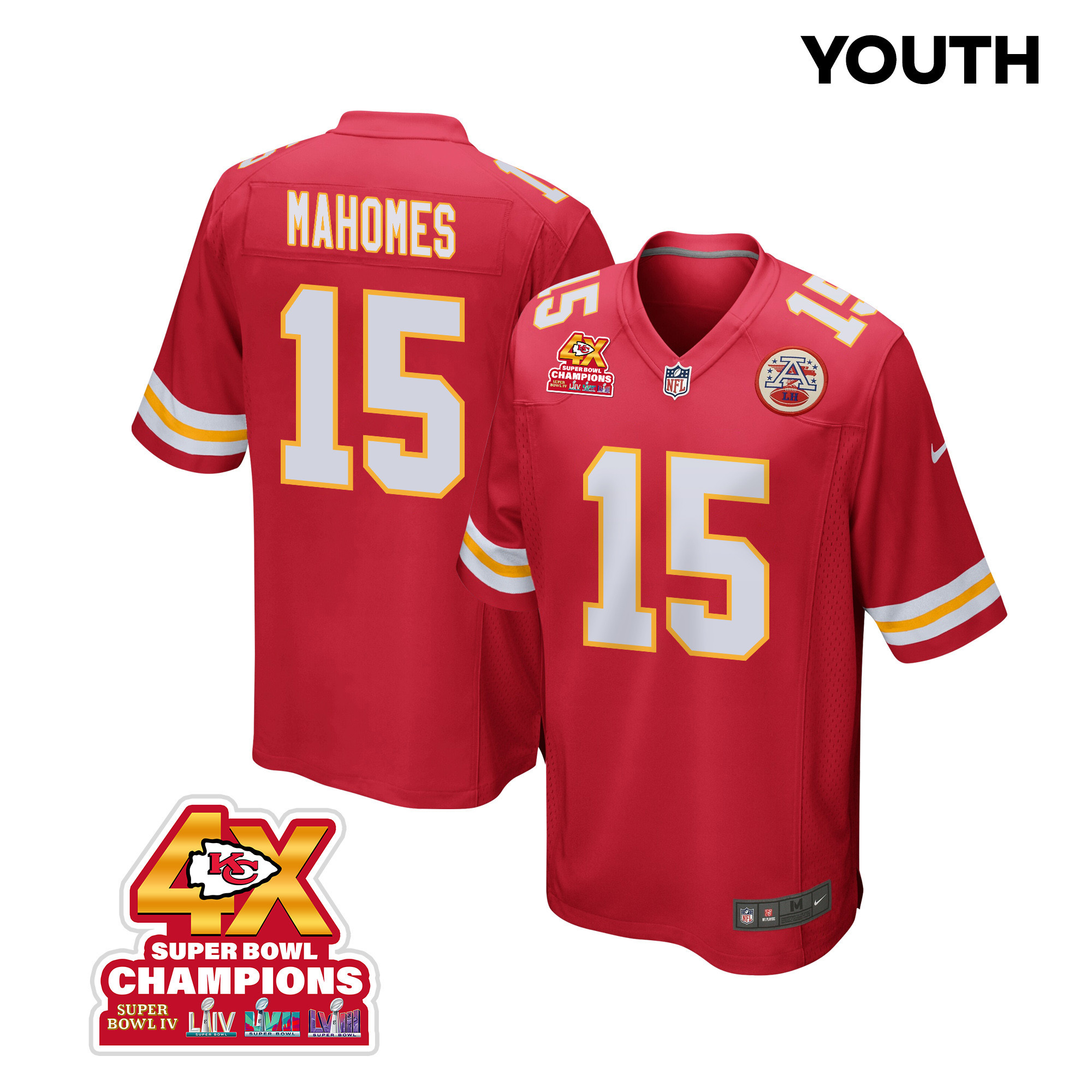 Patrick Mahomes 15 Kansas City Chiefs Super Bowl LVIII Champions 4X Game Red NFL Jersey Youth