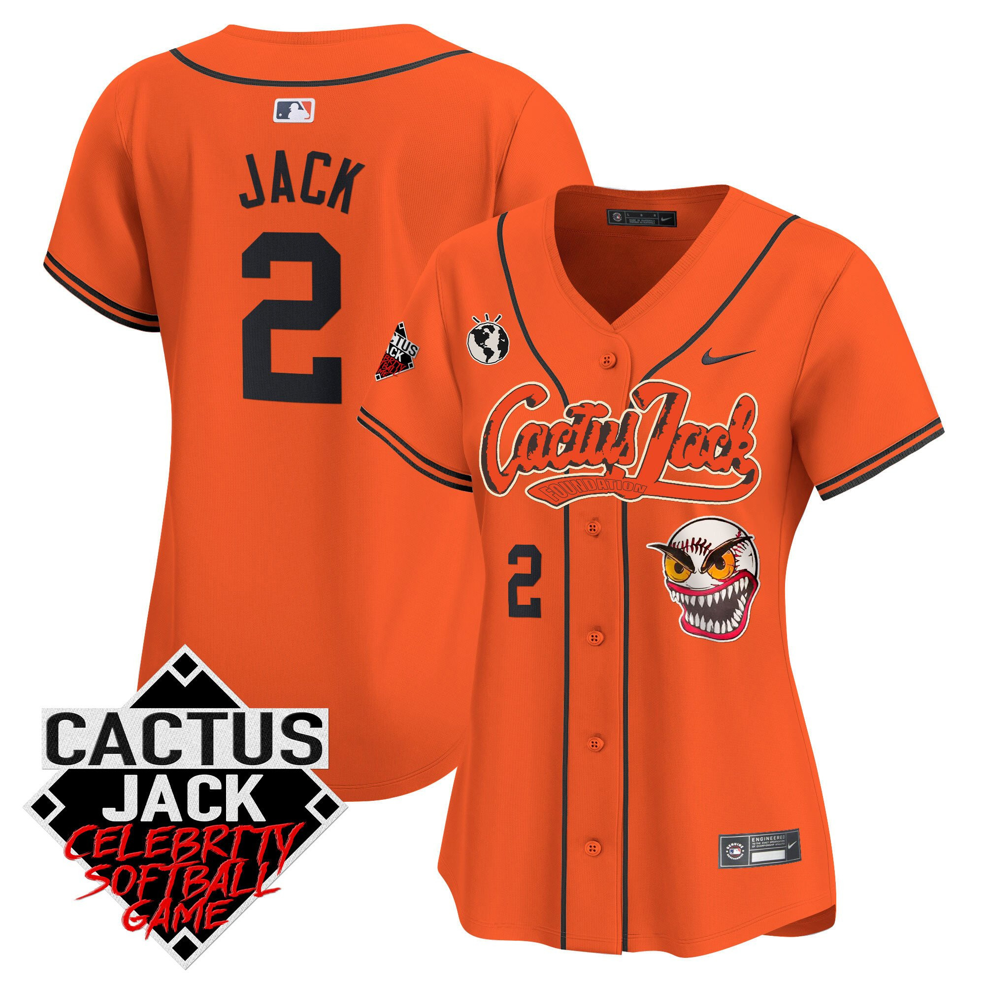 Jack 2 Houston Astros Cactus Jack Celebrity Softball Game Patch Orange MLB Jersey Women's