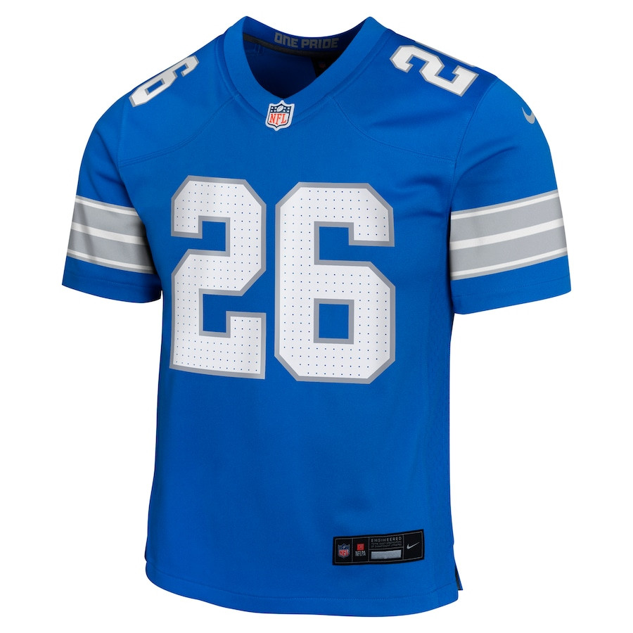Jahmyr Gibbs 26 Detroit Lions Team Player Game Blue NFL Jersey Youth