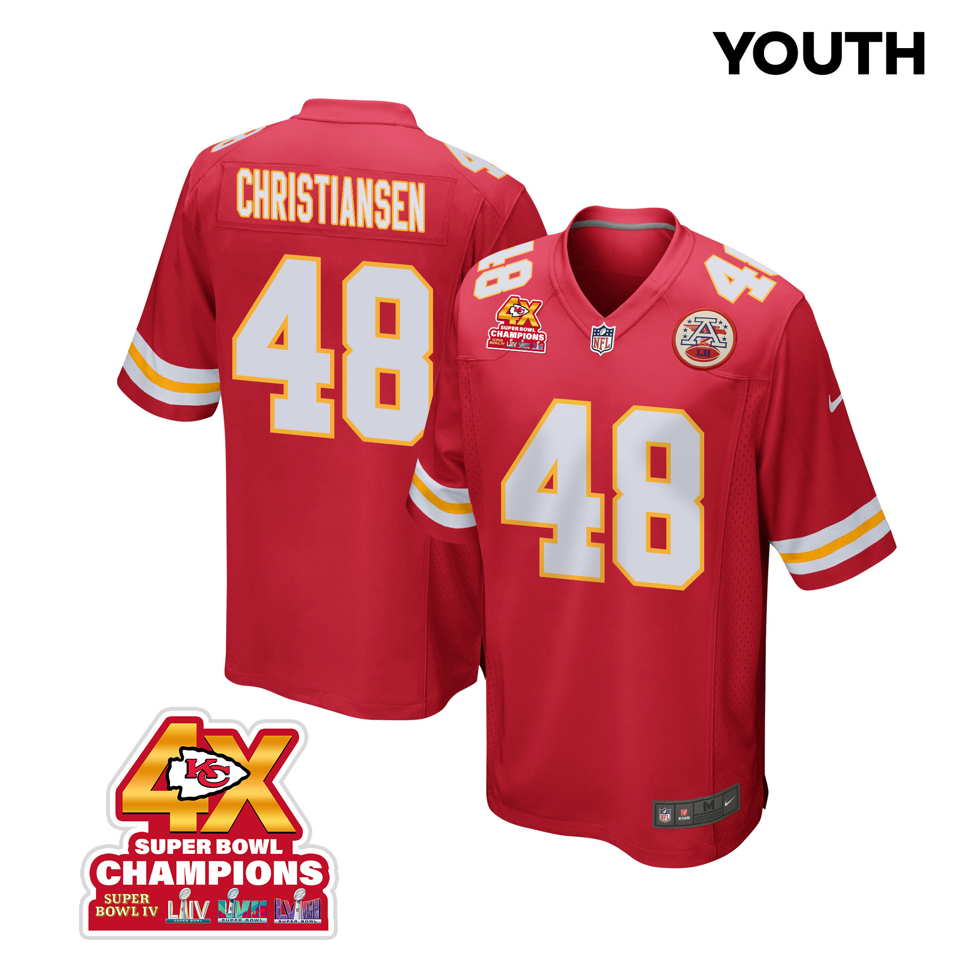 Cole Christiansen 48 Kansas City Chiefs Super Bowl LVIII Champions 4X Game Red NFL Jersey Youth