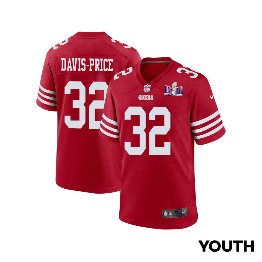 Tyrion Davis-Price 32 San Francisco 49ers Super Bowl LVIII Patch Game Scarlet NFL Jersey Youth