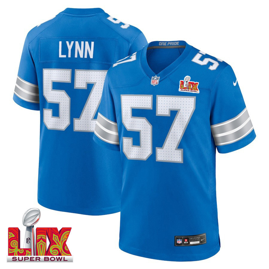 Nate Lynn #57 Detroit Lions Super Bowl LIX Blue NFL Jersey Men's
