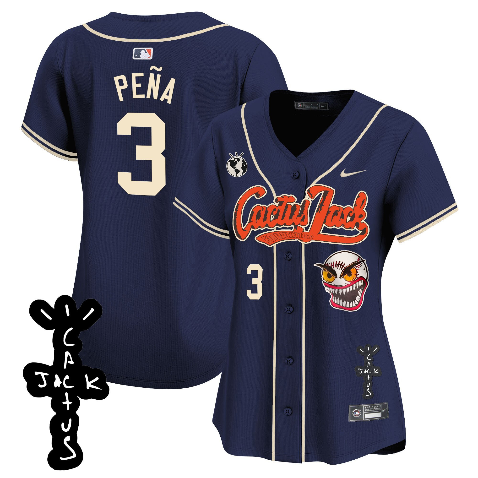 Jeremy Pena 3 Houston Astros Cactus Jack Patch V2 Navy MLB Jersey Women's