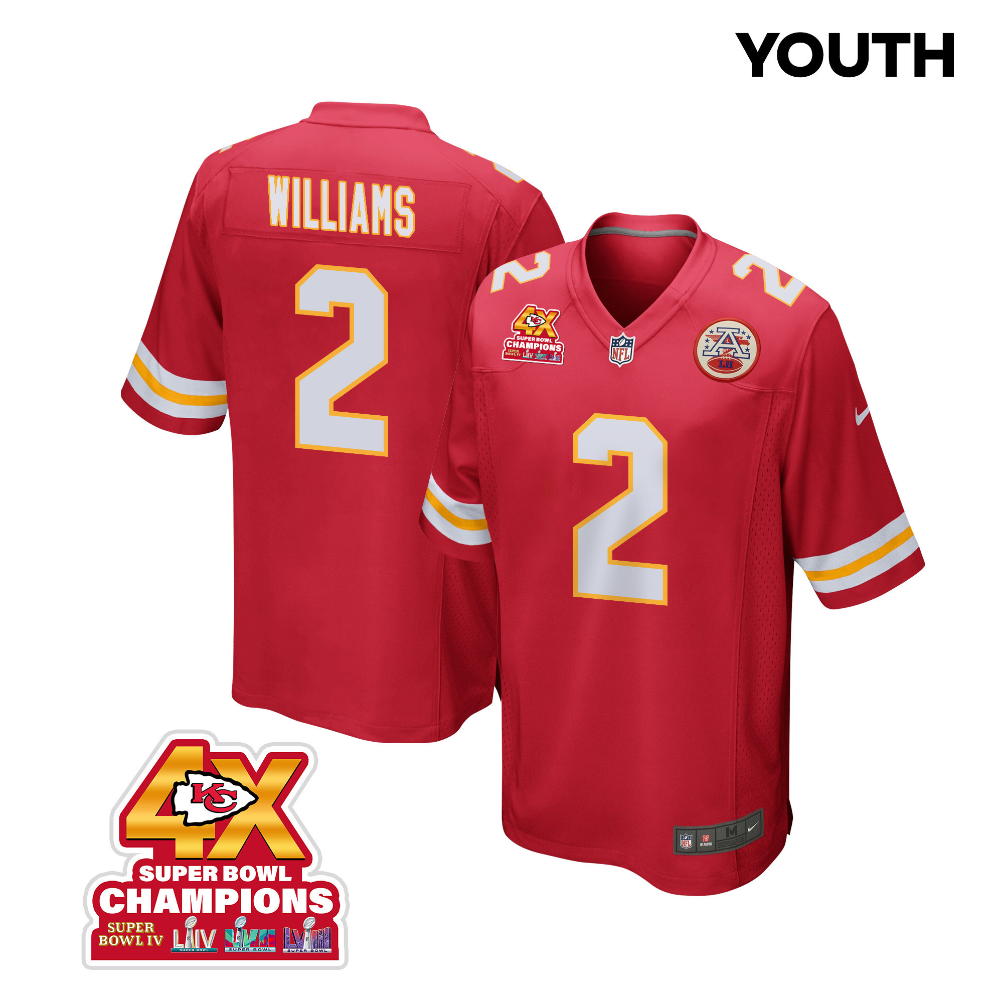 Joshua Williams 2 Kansas City Chiefs Super Bowl LVIII Champions 4X Game Red NFL Jersey Youth