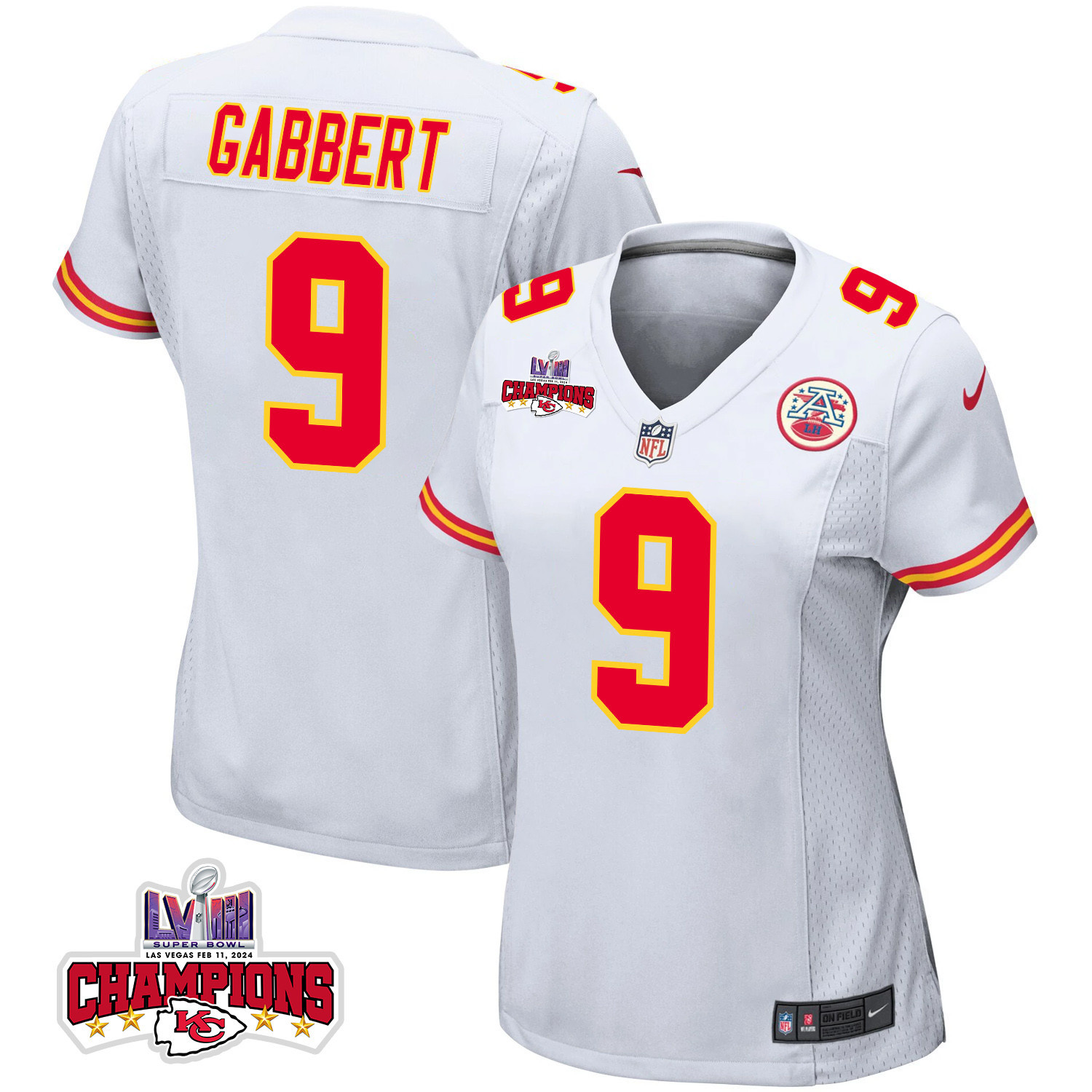 Blaine Gabbert 9 Kansas City Chiefs Super Bowl LVIII Champions 4 Stars Patch Game White NFL Jersey Women's