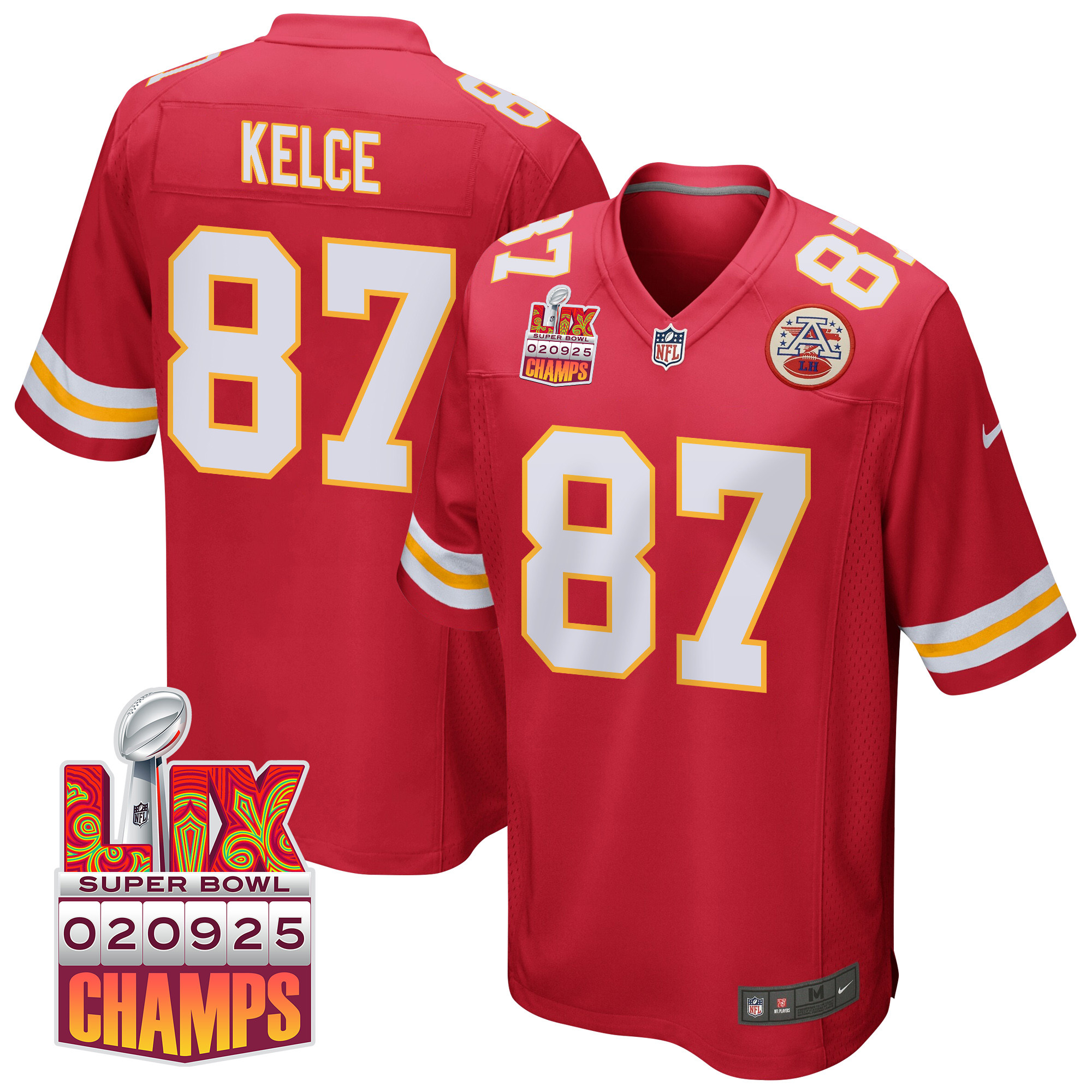 Travis Kelce 87 Kansas City Chiefs Super Bowl LIX Champions Patch Game Red NFL Jersey Men's